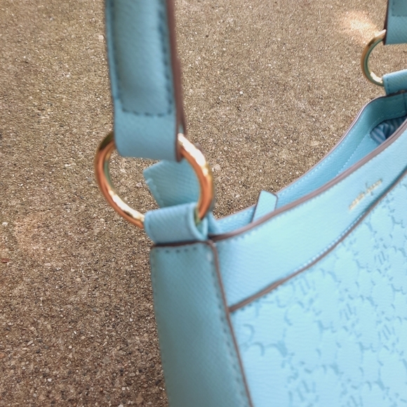 NWOT Nanette Lepore Barri Baguette Baby Blue Embossed Logo Faux Leather Mini Bag - Picture 10 of 14